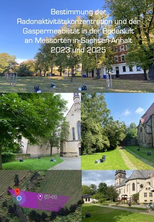 EAs sind fünf verschiedene BIlder zusammen montiert, worauf Menschen und Messgeräte auf WIesen und Feldern zus ehen sind.Die Rammsonden bestehen aus Metall und sind ca. 1,2m lang. Sie werden in den Boden gerammt, sind innen hohl und eventuell vorhandenes Radon kann durch sie in eine Messkammer gesaugt und gemessen werden