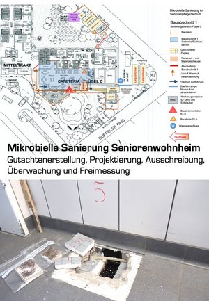 Ein Plan des Gebäudes ist sichtbar, sowie ein aufgebrochener Bodenaufbau. Aus dem Bodenaufbau werden verschimmelte Proben von Dämmstoffen genommen.