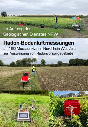 Man sieht auf verschiedenen zusammen montierten Bildausschnitten Wiesen und Felder, herumstehende Gerätekoffer und eine Messonsde, die 40cm aus dem Boden ragt und an Displays angeschlossen ist.