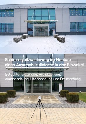 Auf dem Bild sind zwei Aufnahmen montiert die die Außenansicht des Gebäudes - einmal im Winter und einmal im Sommer zeigen