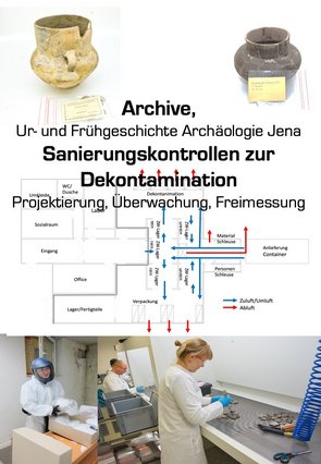 zwei runde urgeschichtliche Behälter sind im oberen teil des Bildes zu sehen, im unteren Teil untersuchen Menschen in weißen Kitteln Fundstücke